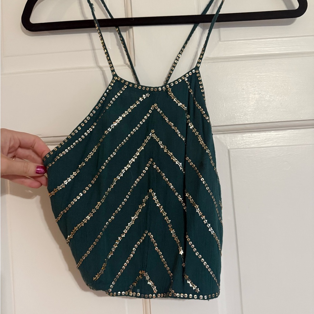 Free People Teal and Gold Sequin Camisole